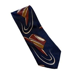 Vintage Bugatti Silk Pointed Necktie Blue Fedora Hat Print Classic Business